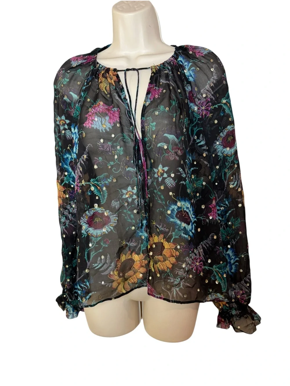 Ulla Johnson Bernadette Silk Blouse Black floral Iris Print size 2